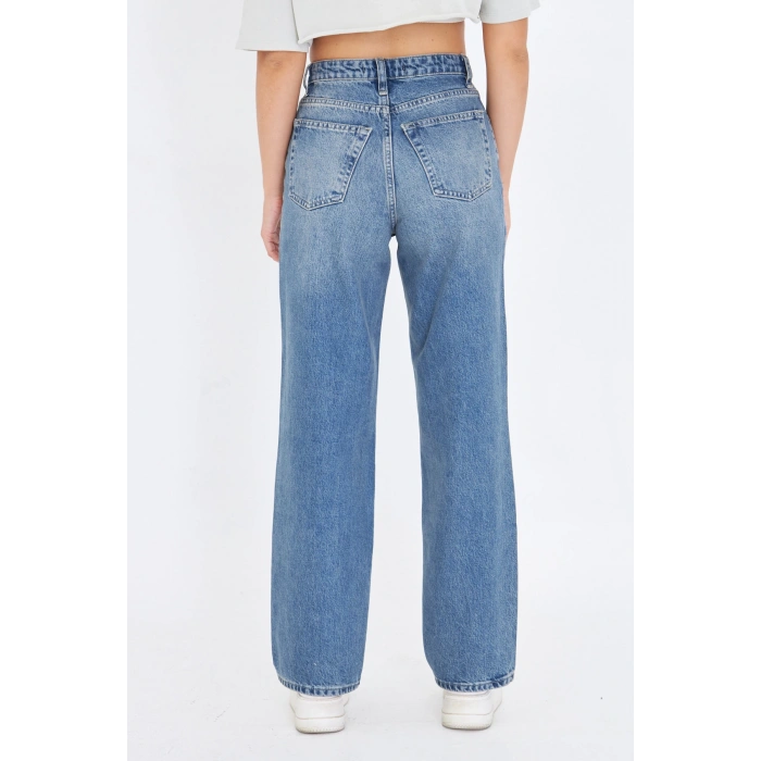 Bol Geniş Düz Tintli Kadın Kot Pantolon Yüksek Bel