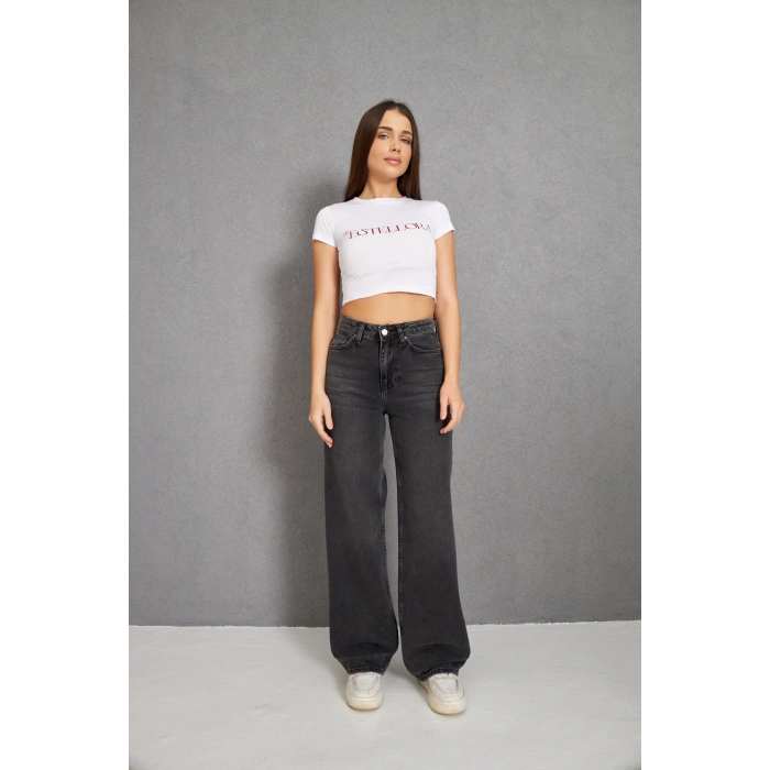 GRİ Füme Palazzo Kot Kadın Yüksek Bel Geniş Paça Pantolon