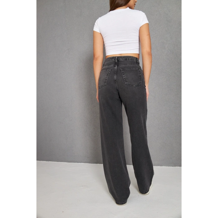 GRİ Füme Palazzo Kot Kadın Yüksek Bel Geniş Paça Pantolon