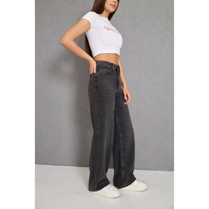 GRİ Füme Palazzo Kot Kadın Yüksek Bel Geniş Paça Pantolon