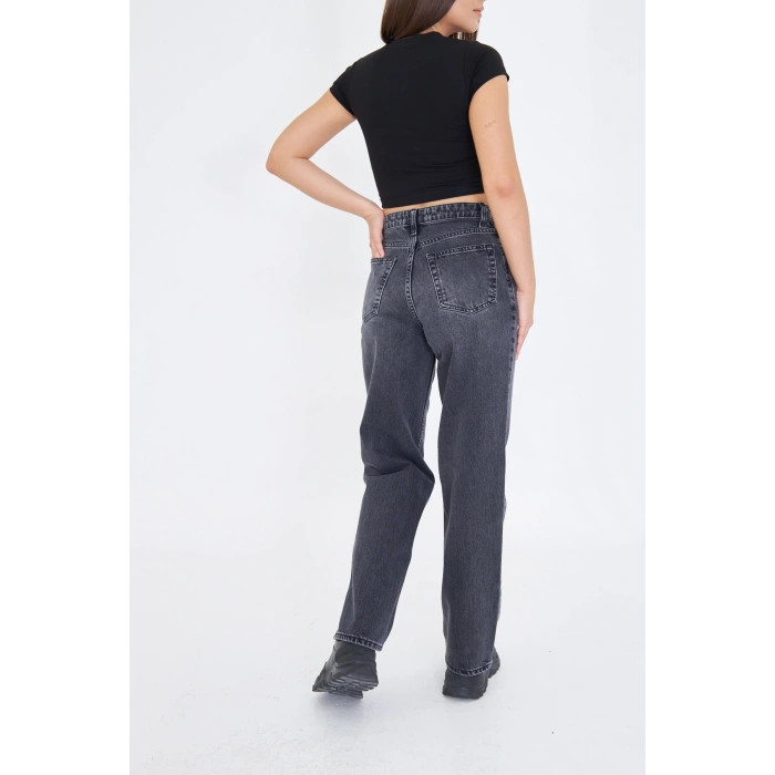 Gri Füme Bol Geniş Düz Kadın Kot Pantolon Yüksek Bel