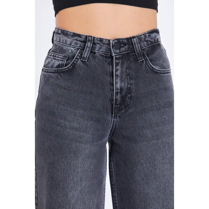 Gri Füme Bol Geniş Düz Kadın Kot Pantolon Yüksek Bel