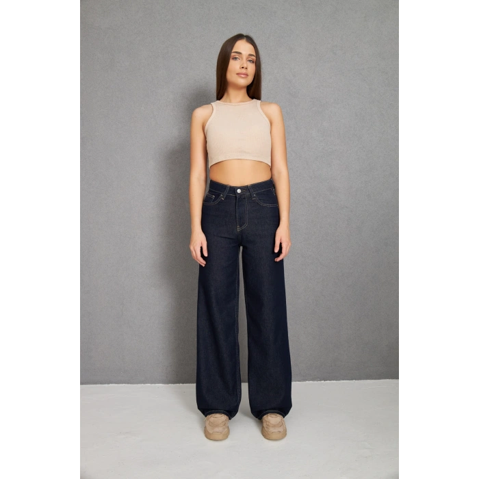 İşlemsiz Duz Palazzo Geniş Yüksek Bel Kadın Kot Pantolon