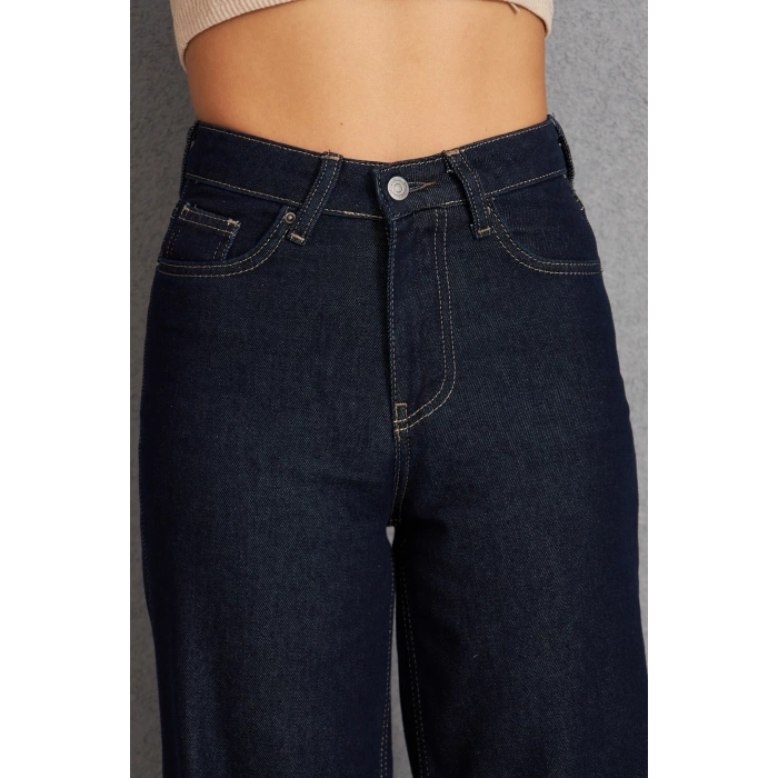 İşlemsiz Duz Palazzo Geniş Yüksek Bel Kadın Kot Pantolon