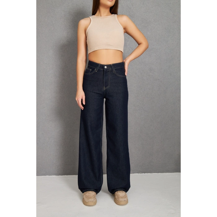 İşlemsiz Duz Palazzo Geniş Yüksek Bel Kadın Kot Pantolon