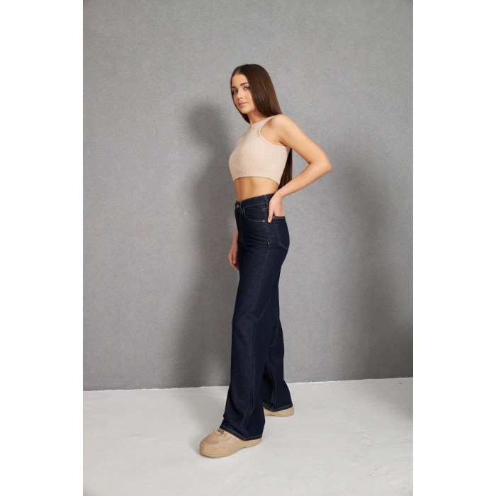 İşlemsiz Duz Palazzo Geniş Yüksek Bel Kadın Kot Pantolon