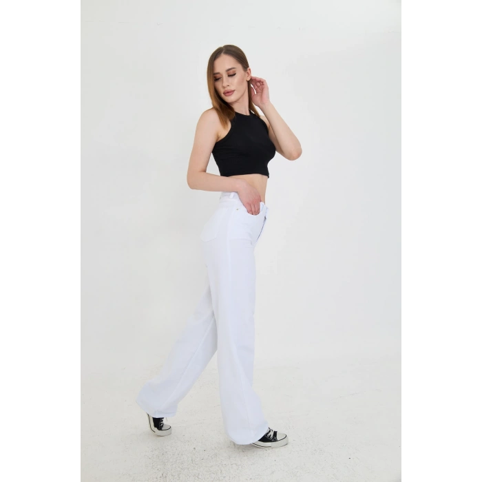 Kadın Beyaz Palazzo Pantolon | Yüksek Bel Geniş Paça | Yazlık & Şık Kombinler