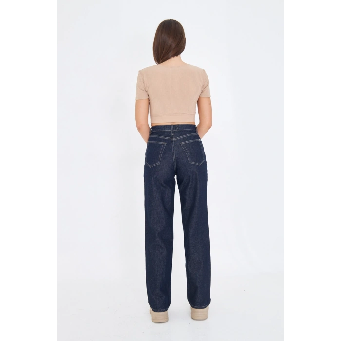 Koyu Mavi Düz Bol Geniş Kadın Kot Pantolon Yüksek Bel