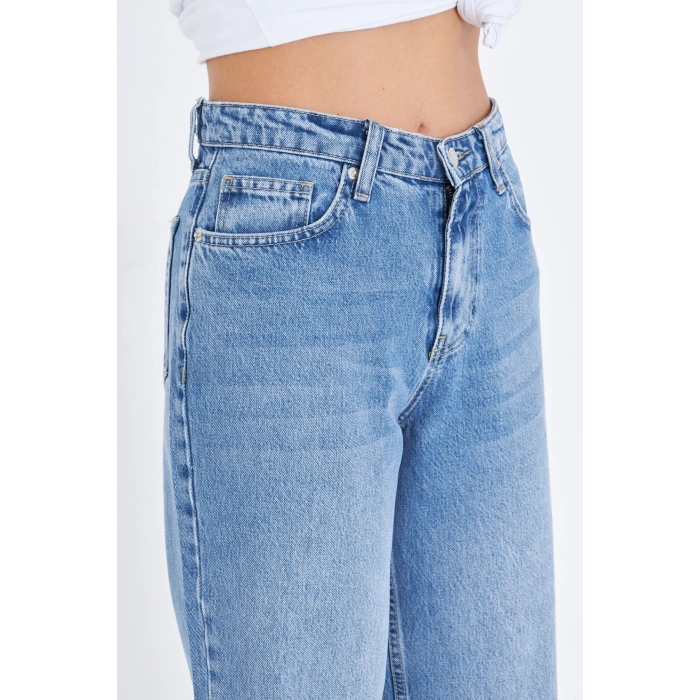 Mavi Bol Geniş Düz Kadın Kot Pantolon Yüksek Bel