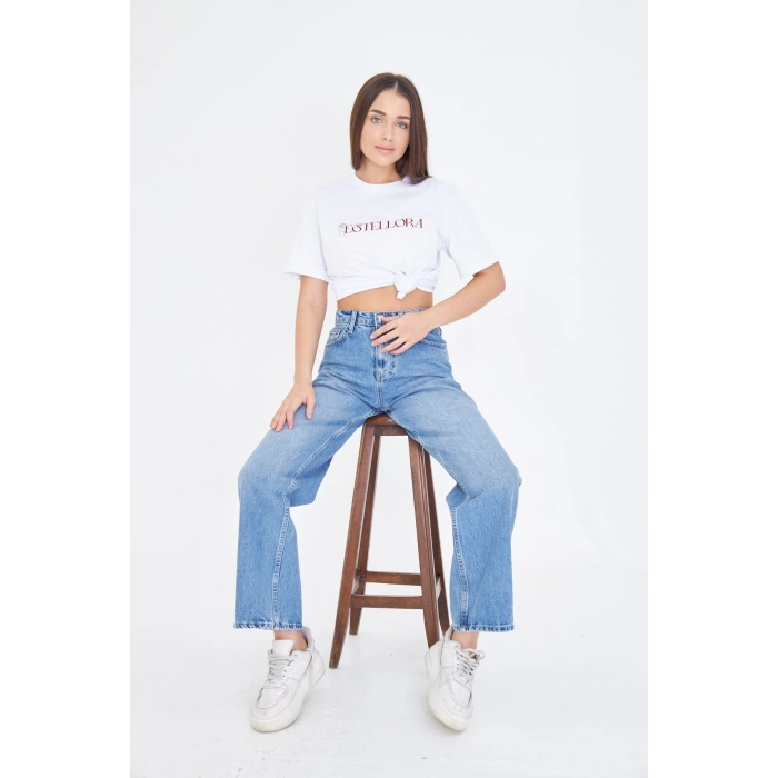 Mavi Bol Geniş Düz Kadın Kot Pantolon Yüksek Bel