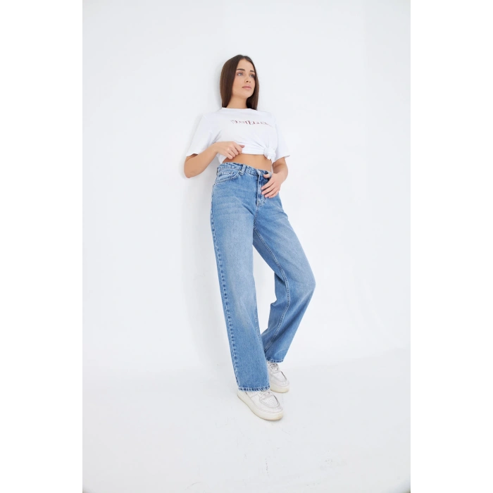 Mavi Bol Geniş Düz Kadın Kot Pantolon Yüksek Bel