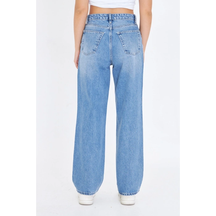 Mavi Bol Geniş Düz Kadın Kot Pantolon Yüksek Bel