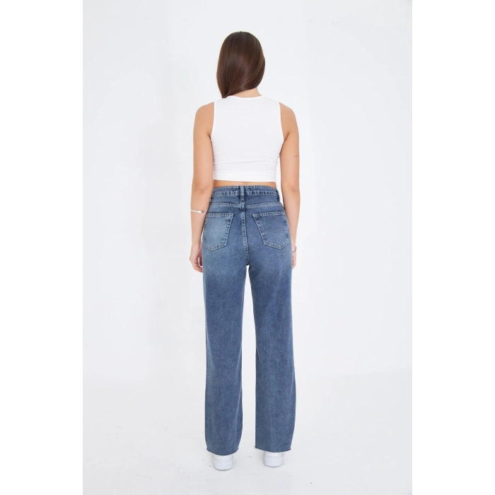 Paça Detay Kirli tintli Düz Kesim Yüksek Bel Kadın Kot Pantolon Kesik Paça Straıght Fıt