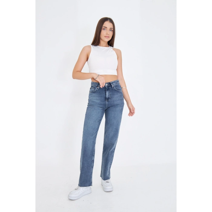 Paça Detay Kirli tintli Düz Kesim Yüksek Bel Kadın Kot Pantolon Kesik Paça Straıght Fıt