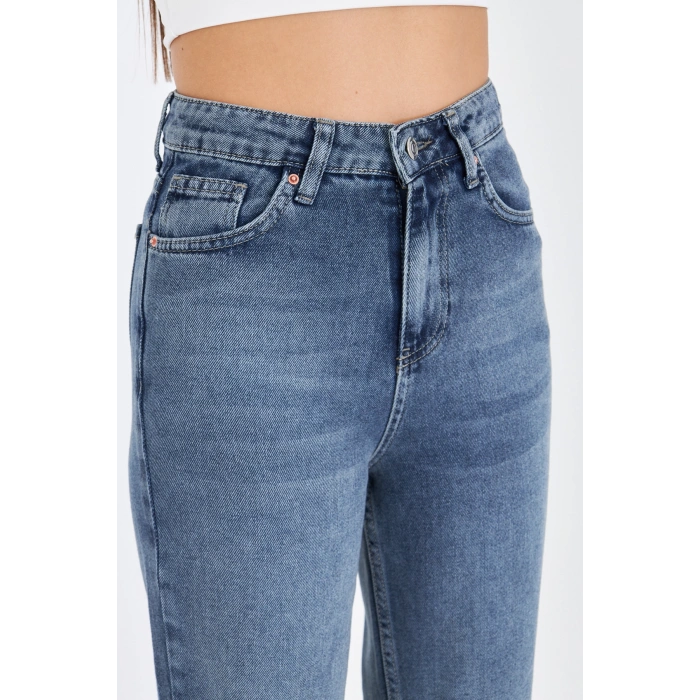 Paça Detay Kirli tintli Düz Kesim Yüksek Bel Kadın Kot Pantolon Kesik Paça Straıght Fıt