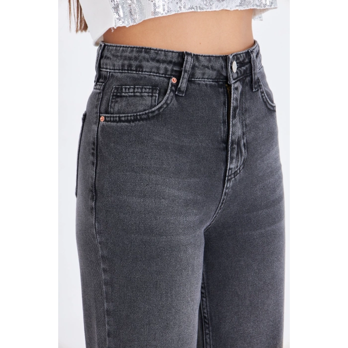 Paça Detay GRİ Füme Düz Kesim Yüksek Bel Kadın Kot Pantolon Kesik Paça Straıght Fıt