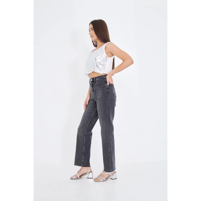 Paça Detay GRİ Füme Düz Kesim Yüksek Bel Kadın Kot Pantolon Kesik Paça Straıght Fıt
