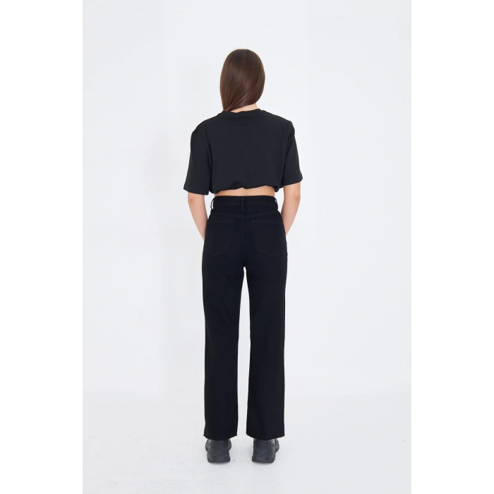 Paça Detay SİYAH Düz Kesim Yüksek Bel Kadın Kot Pantolon Kesik Paça Straıght Fıt