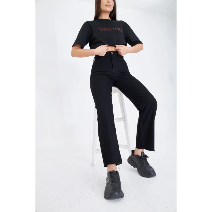 Paça Detay SİYAH Düz Kesim Yüksek Bel Kadın Kot Pantolon Kesik Paça Straıght Fıt