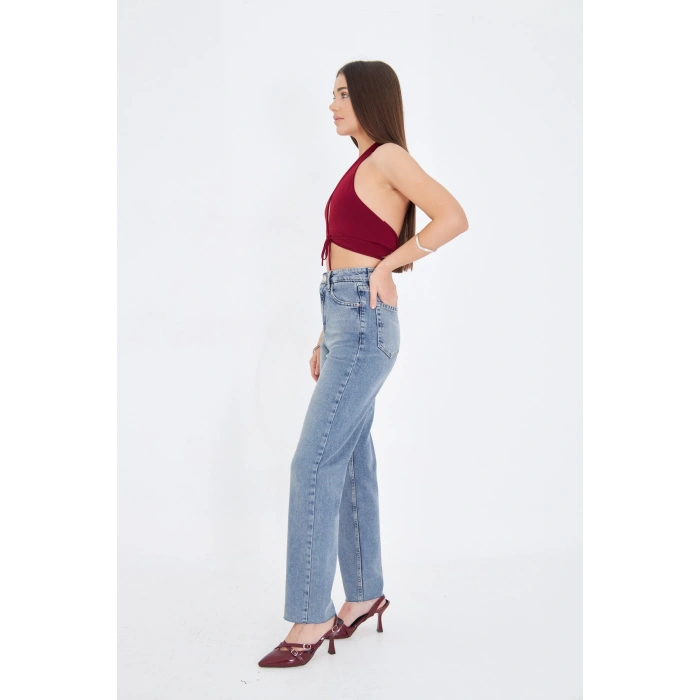 Paça Detay Taş Rengi Tintli Düz Kesim Yüksek Bel Kadın Kot Pantolon Kesik Paça Straıght Fıt