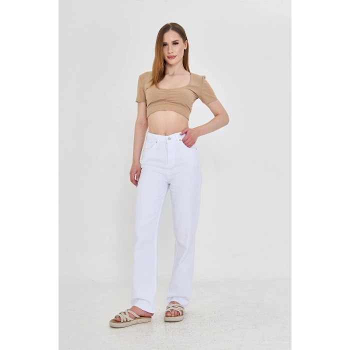 Paça Detaylı Beyaz Düz Kesim Yüksek Bel Kadın Kot Pantolon – Kesik Paça, Straight Fit