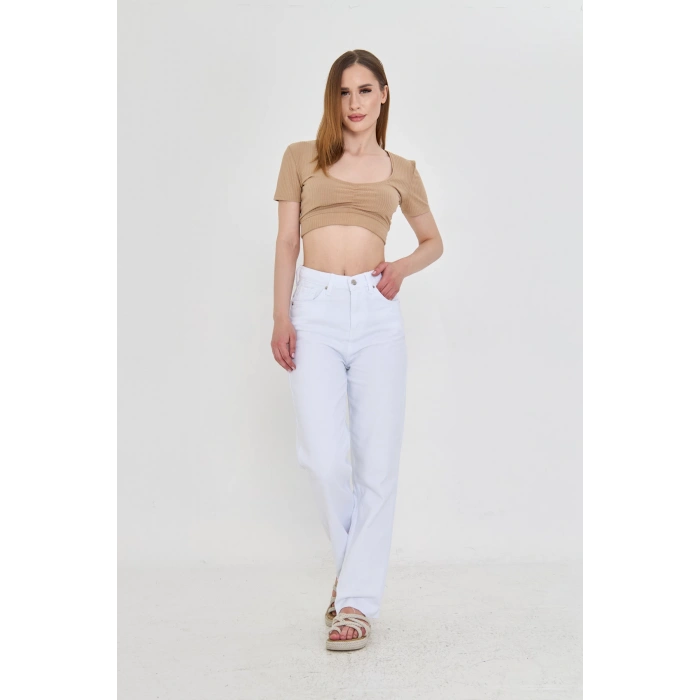 Paça Detaylı Beyaz Düz Kesim Yüksek Bel Kadın Kot Pantolon – Kesik Paça, Straight Fit