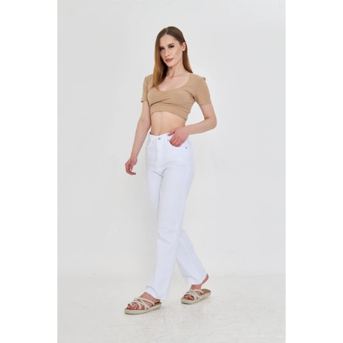 Paça Detaylı Beyaz Düz Kesim Yüksek Bel Kadın Kot Pantolon – Kesik Paça, Straight Fit