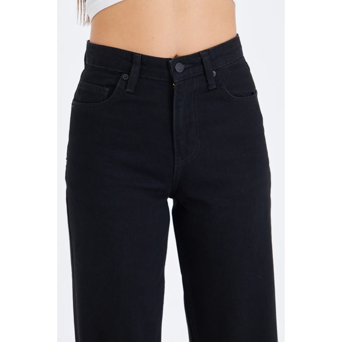 Siyah Bol Geniş Düz Kadın Kot Pantolon Yüksek Bel