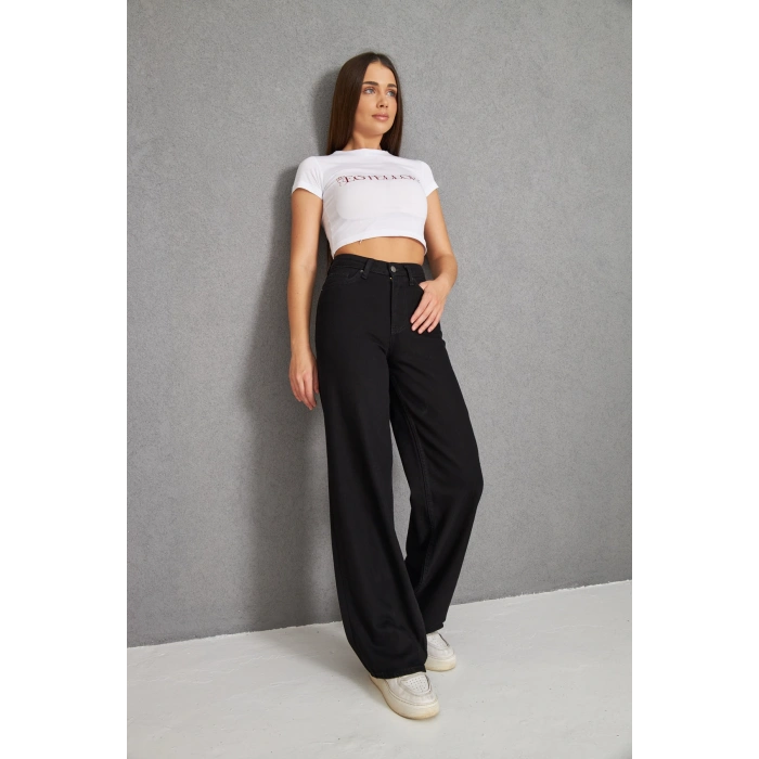 Kadın Siyah Palazzo Geniş Paça Yüksek Bel Kot Pantolon