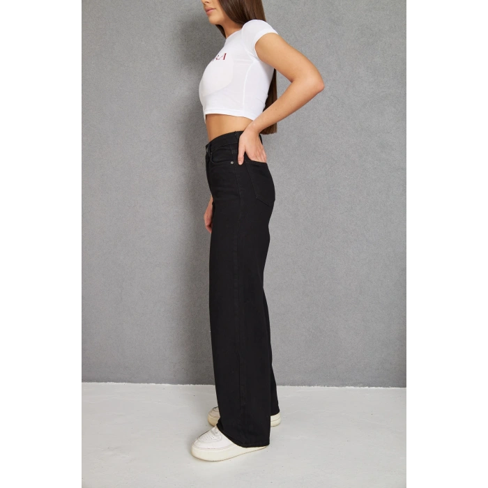 Kadın Siyah Palazzo Geniş Paça Yüksek Bel Kot Pantolon