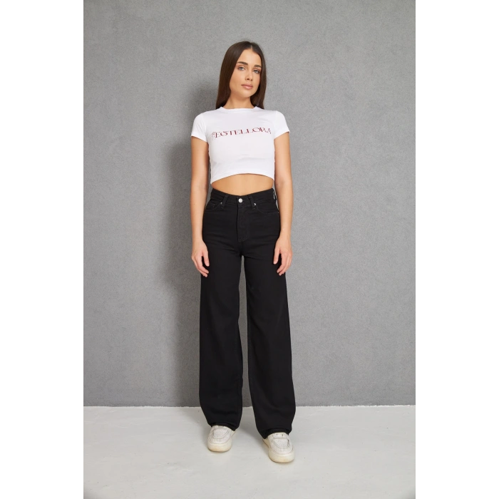 Kadın Siyah Palazzo Geniş Paça Yüksek Bel Kot Pantolon