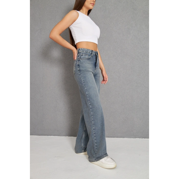 Taş Kirli Palazzo Geniş Paça Kadın Kot Pantolon Yüksek Bel