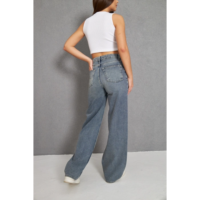 Taş Kirli Palazzo Geniş Paça Kadın Kot Pantolon Yüksek Bel