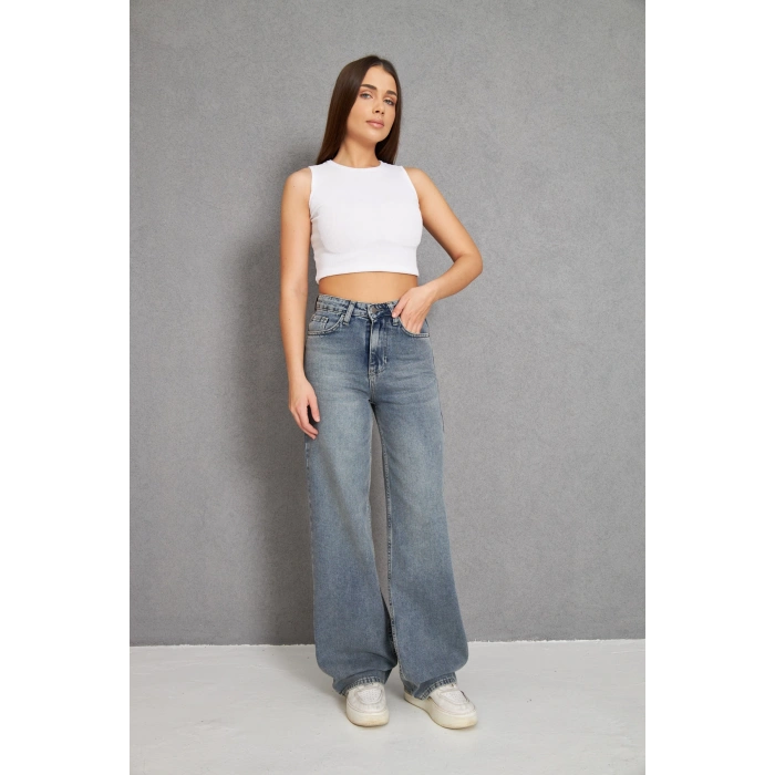 Taş Kirli Palazzo Geniş Paça Kadın Kot Pantolon Yüksek Bel