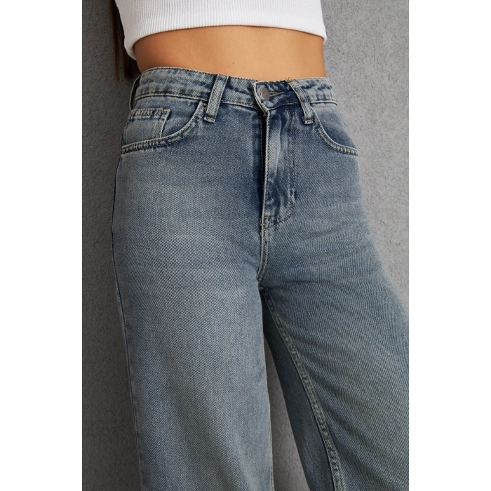 Taş Kirli Palazzo Geniş Paça Kadın Kot Pantolon Yüksek Bel