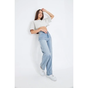 Bol Geniş Düz Kadın Kot Pantolon Yüksek Bel