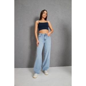 Buz Açık Mavi Kadın Palazzo Kot Yüksek Bel Geniş Paça Pantolon