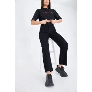 Paça Detay SİYAH Düz Kesim Yüksek Bel Kadın Kot Pantolon Kesik Paça Straıght Fıt