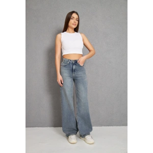 Taş Kirli Palazzo Geniş Paça Kadın Kot Pantolon Yüksek Bel