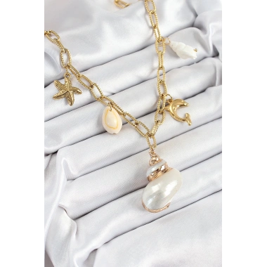 316L Çelik Gold Renk Deniz Kabuğu ve Yıldızı Konseptli Kadın Kolye