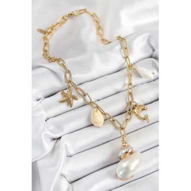 316L Çelik Gold Renk Deniz Kabuğu ve Yıldızı Konseptli Kadın Kolye