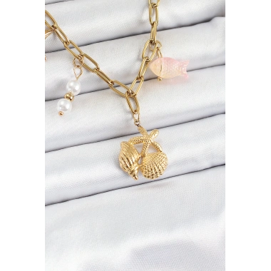 316L Çelik Gold Renk Deniz Yıldızı ve Deniz Kabuğu Konsept Kadın Kolye