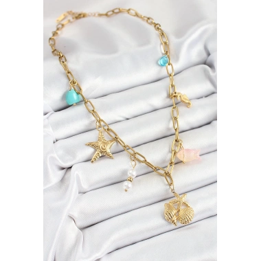 316L Çelik Gold Renk Deniz Yıldızı ve Deniz Kabuğu Konsept Kadın Kolye