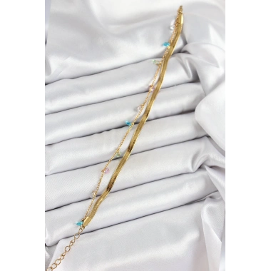 316L Çelik Gold Renk Karışık Renkli Kristal Taşlı 2li Kadın Bileklik