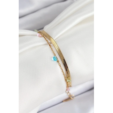 316L Çelik Gold Renk Karışık Renkli Kristal Taşlı 2li Kadın Bileklik