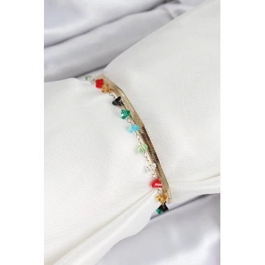 316L Çelik Gold Renk Kristal Karışık Renkli Taşlı 2li Kadın Bileklik