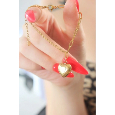 316L Çelik Gold Renk Zincir Model Kalp Figür Kadın Bileklik