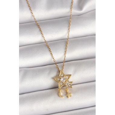 316L Çelik Gold Renk Zincir Zirkon Taşlı Yıldız Model Sallanı Ay Yıldız Detay Kadın Kolye