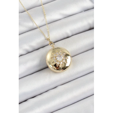 316L Çelik Zincir Açılabilir Madalyon Model Zirkon Taşlı Gold Renk Kadın Kolye