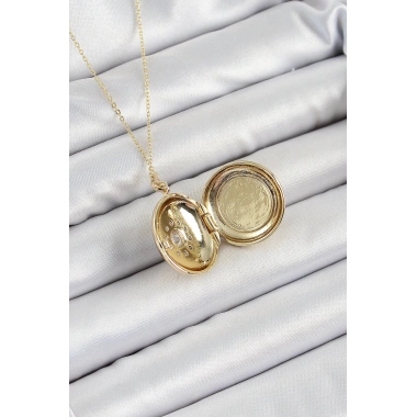 316L Çelik Zincir Açılabilir Madalyon Model Zirkon Taşlı Gold Renk Kadın Kolye